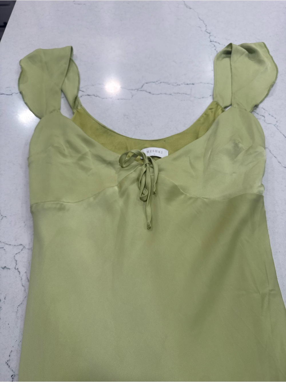 Meshki Light Green Maxi Dress Satin Ruffle Straps Sweatheart Neckline Size M - Picture 6 of 7